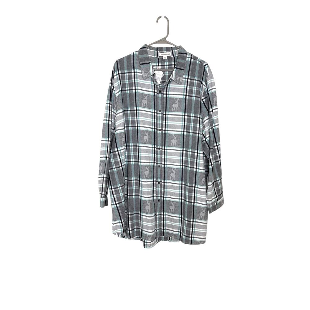 Coldwater Creek Plaid Flannel Deer Print Button Up Shirt 3X Cozy Cabincore NWT